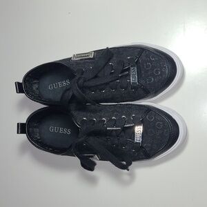 Guess Women's black fashion lace up Sneakers with gold Logo&gem stone Used G/con